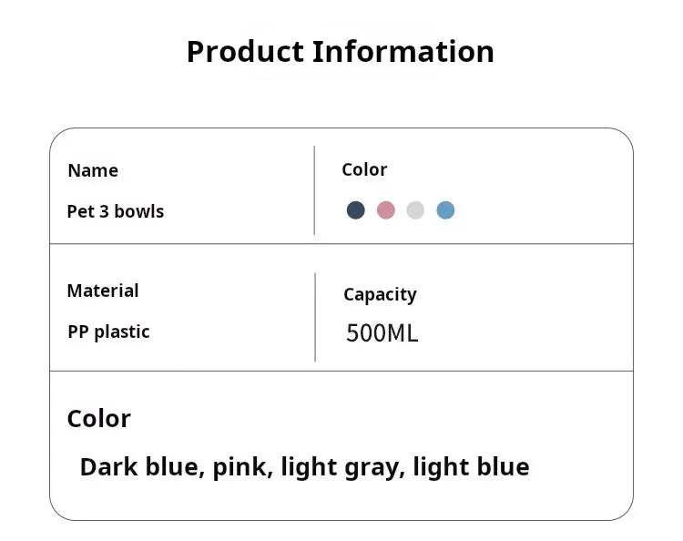 Simples Market Pet 3-bowl set in PP plastic, 500ML capacity; colors dark blue, pink, light gray, light blue