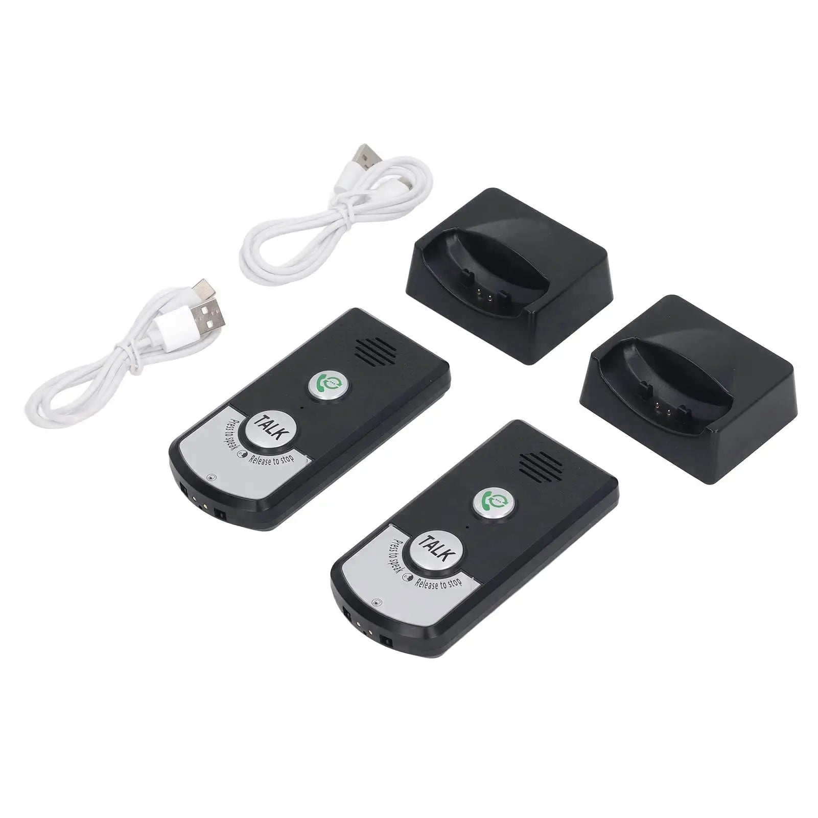 Simples Market 2-way wireless intercom system with 2 black handheld units, docking cradles and USB charging cables.