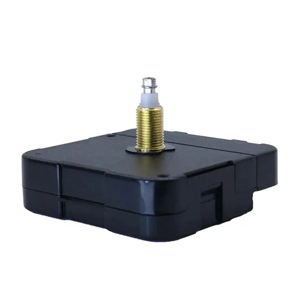 Clock mechanism with silent quartz movement; black plastic housing and brass threaded shaft