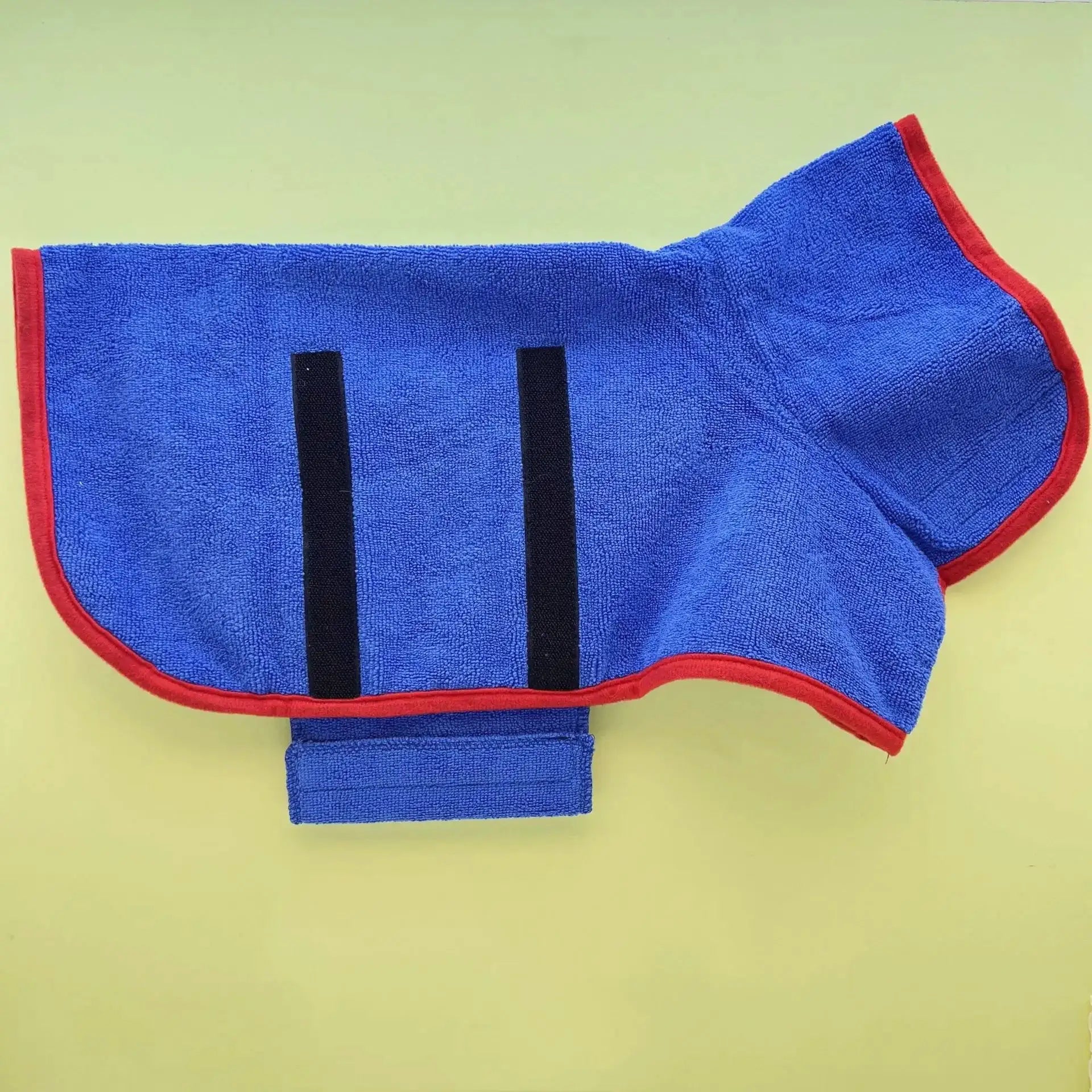 Blue dog bathrobe towel with red trim and black straps; absorbent full-body pet wrap