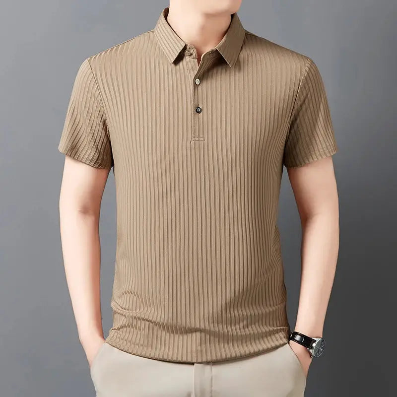 Men's tan ribbed short-sleeve polo shirt with collar for casual summer wear