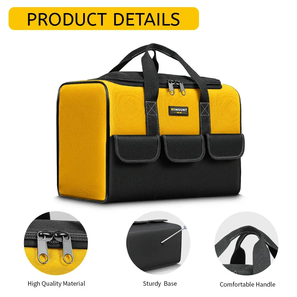 17 Inch tool bag, yellow and black with 6 exterior pockets, sturdy base, comfortable handle, WINHUNT logo