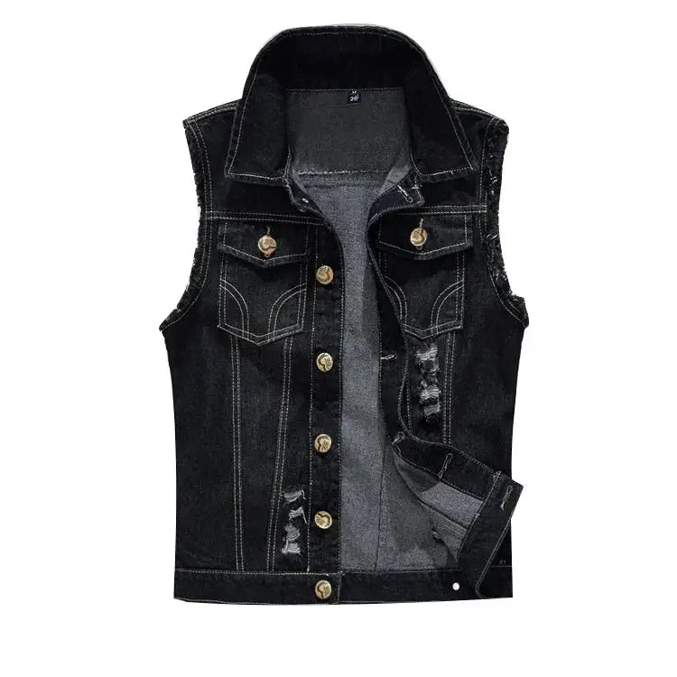 Denim sleeveless vest for men by Simples Market, black/blue distressed with brass buttons and chest flap pockets