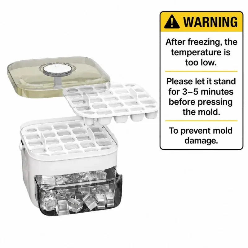 50-grid press-type ice cube mold with lid, two white trays and transparent ice storage box