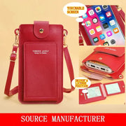 Crossbody phone wallet in red soft-leather by Simples Market with card slots and adjustable strap