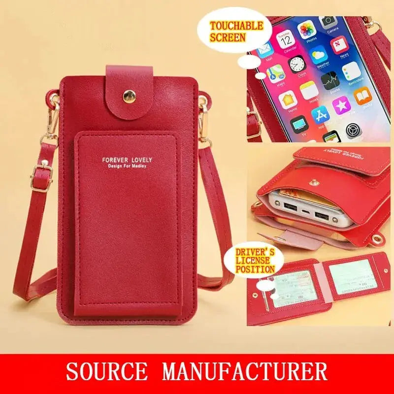 Crossbody phone wallet in red soft-leather by Simples Market with card slots and adjustable strap