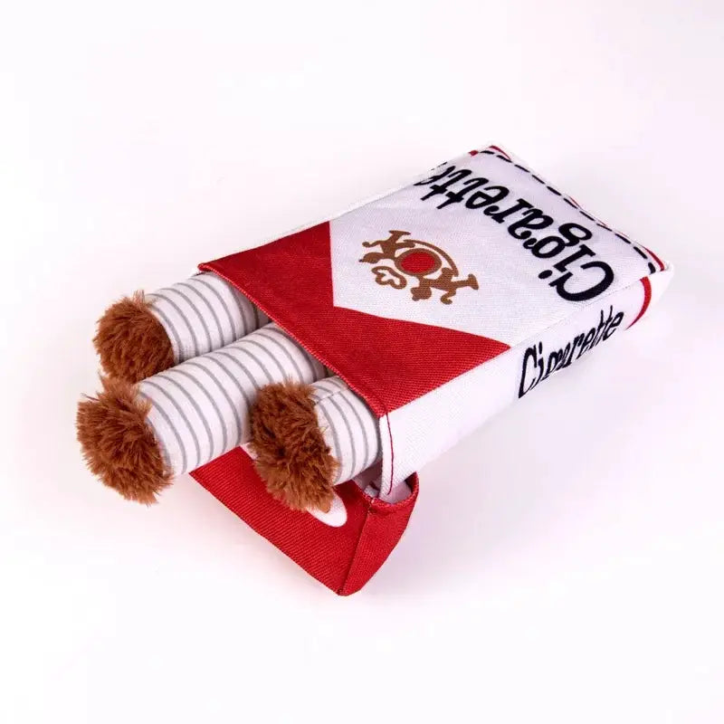 Plush dog toy by Simples Market with cigarette-design, giggling chewing action