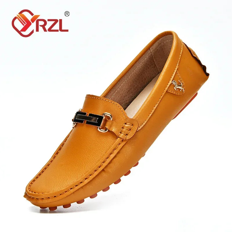 YRZL brown PU leather men's loafer with metal bit, Simples Market slip-on driving moccasin