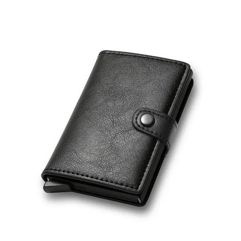 Black minimalist credit card holder wallet with snap strap closure