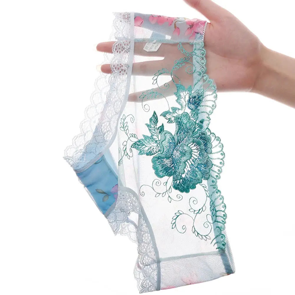 Briefs underwear with teal floral lace on sheer nylon mesh