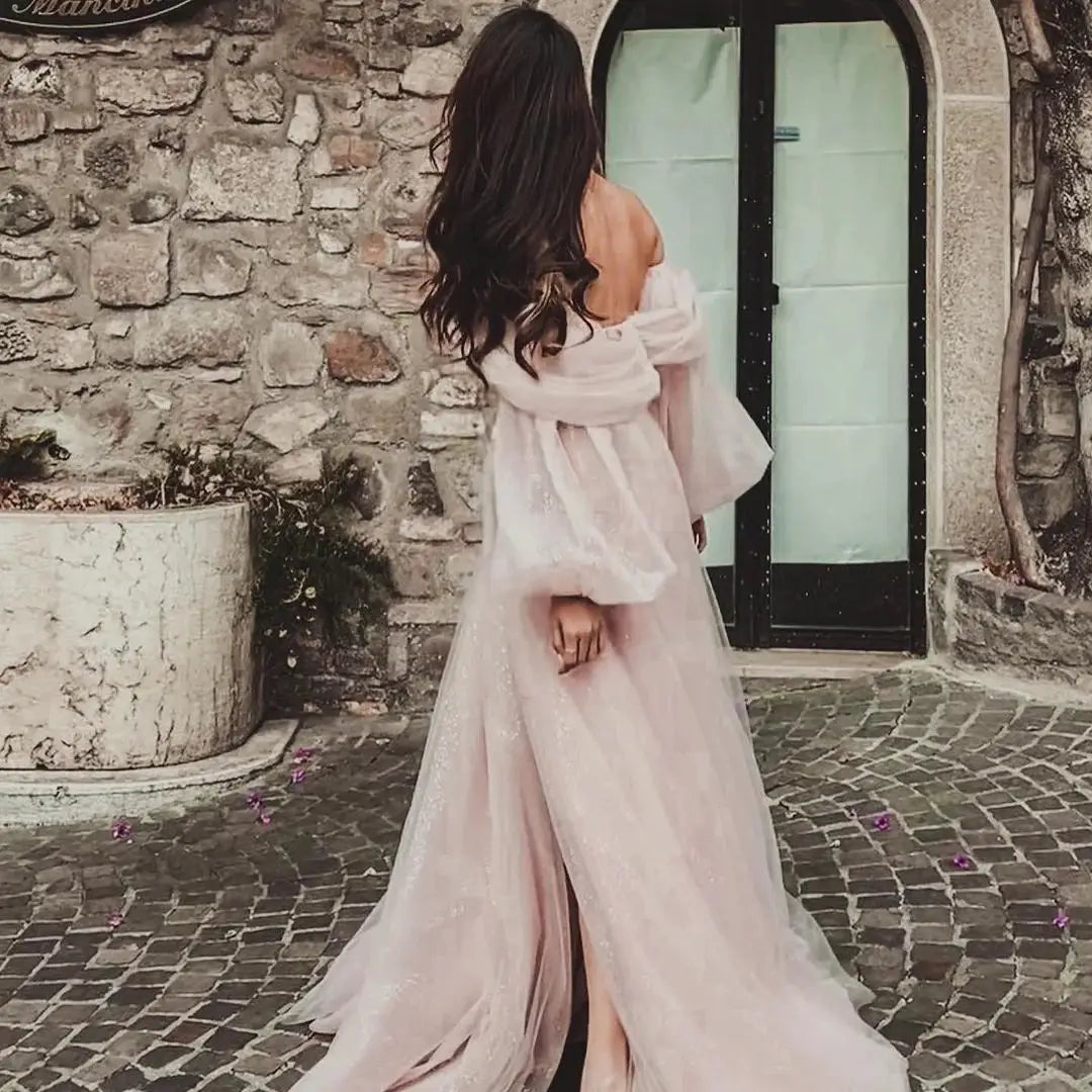 Bafftafe Pink Shiny Tulle Prom Dress Off Shoulder Puff Sleeve Dress