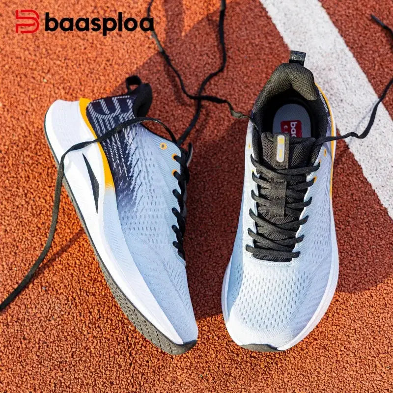 Baasploa men's jogging shoes, light blue mesh sneakers with black laces on track