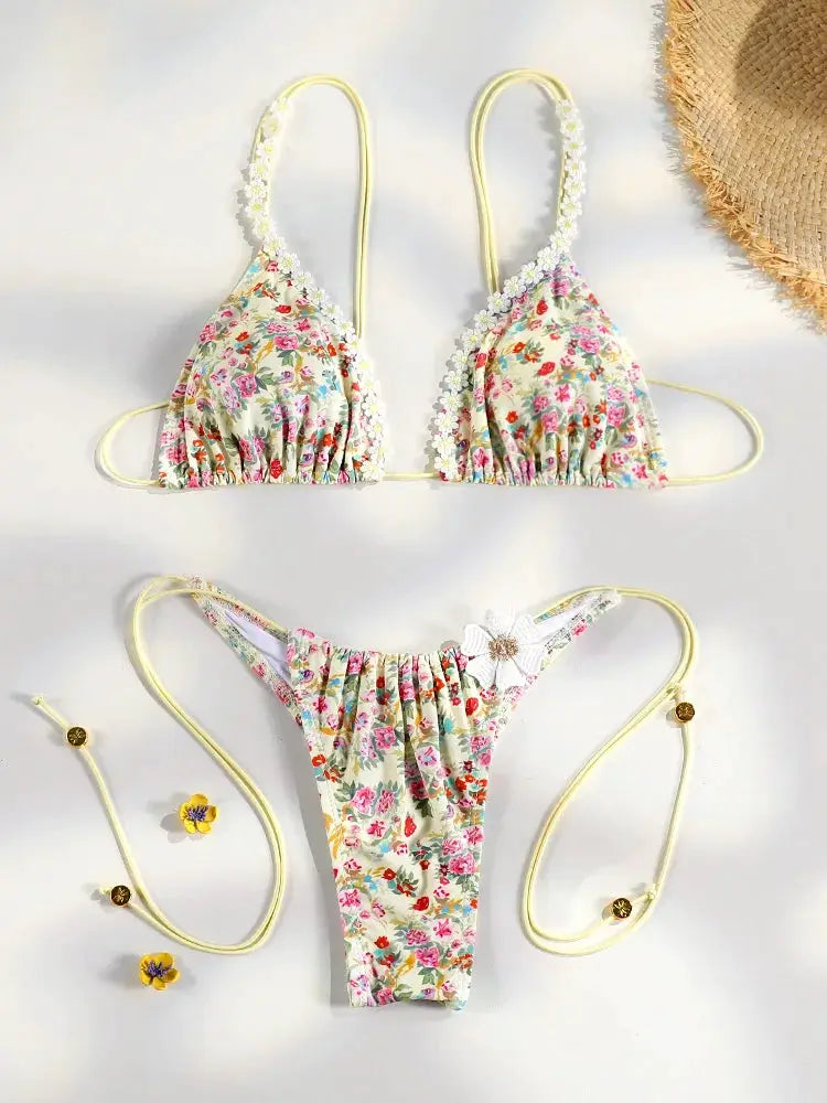 Sexy Triangle Bikini Set For Women Micro Thong Swimsuit Bandage Beachwear With Print Bathing Suit