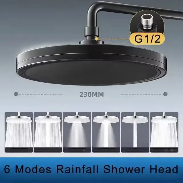 Panel showerhead Simples Market, black 230mm round, high-pressure 6-mode rainfall spray