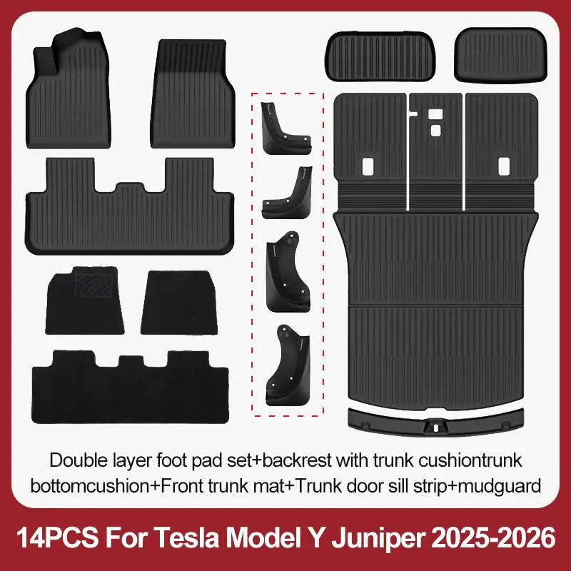 Tesla Model Y 14-piece floor mats and trunk mat set, black TPE, by Simples Market for Juniper 2025+.