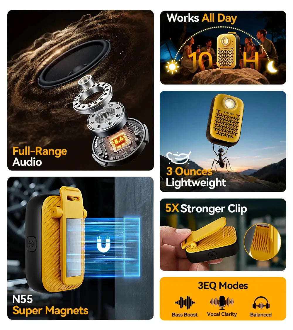 Joyroom wearable Bluetooth speaker, clip-on yellow portable personal speaker, IP67 waterproof, Simples Market