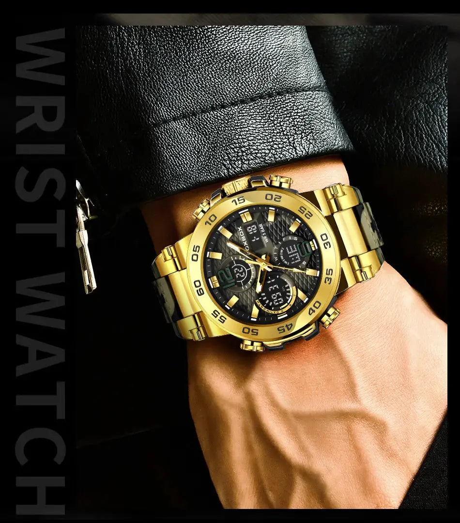 Gold-tone men's wristwatch with black dial and chronograph subdials on a gold bracelet