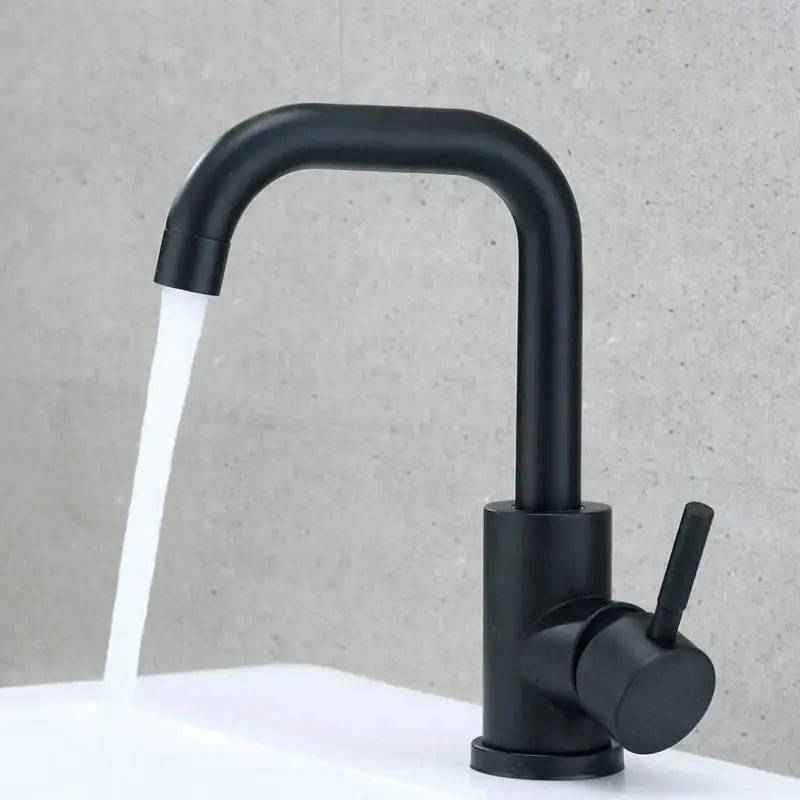 Bathroom basin faucet in black matte 304 stainless steel with 360-degree rotating spout and single lever.
