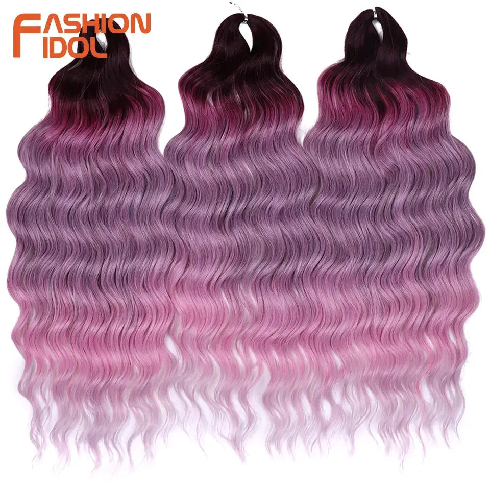 Anna 24-inch synthetic water-wave braiding hair extensions by Simples Market in ombre purple pink blonde, 3 bundles.