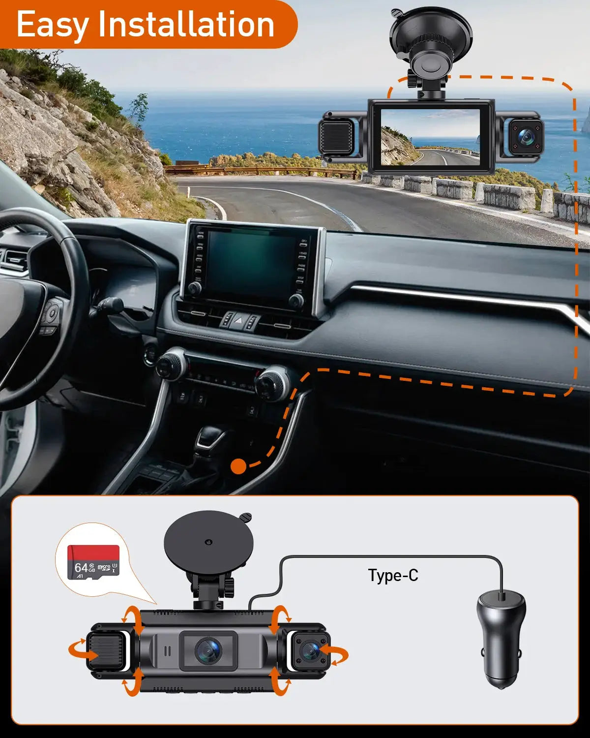 4-channel WiFi dashcam kit with front, left, right and rear cameras from Simples Market; includes 64GB microSD card