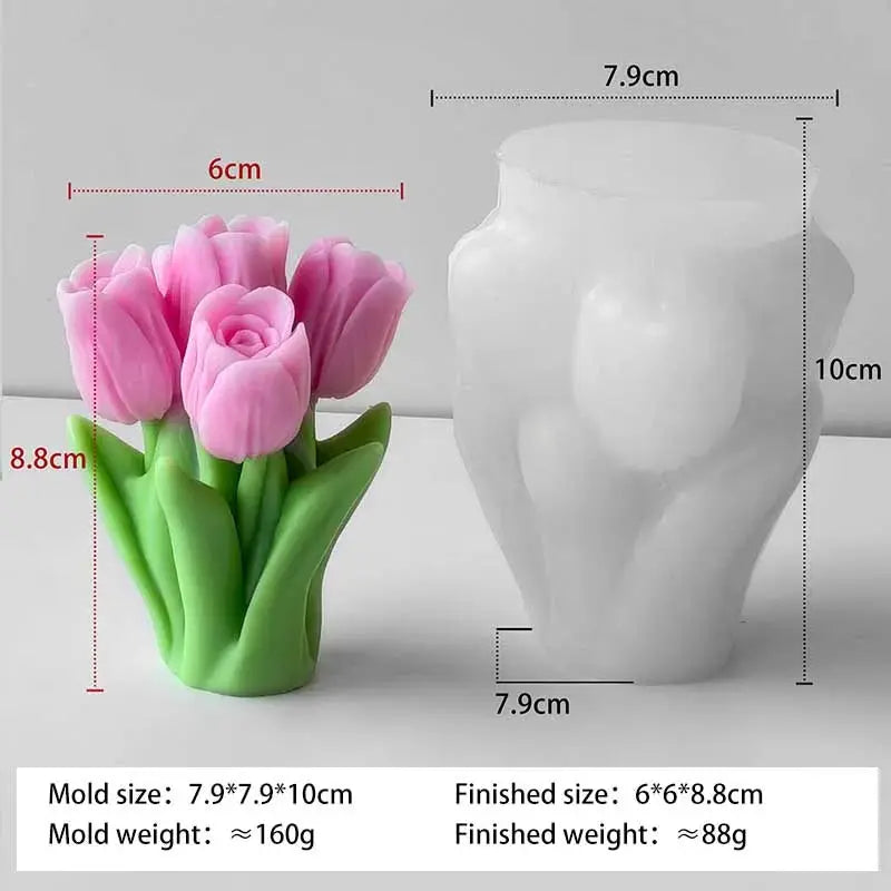 Tulip bouquet silicone mold and pink finished tulips; 2-piece candle and soap making set