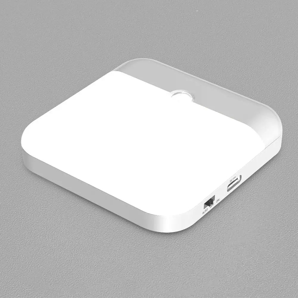 Motion sensor LED light USB charging square lamp, white finish, ideal for bedroom, kitchen, stairs, wardrobe