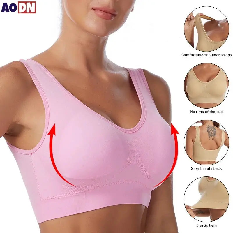 Simples Market pink seamless wireless bra, plus-size S-7XL, non-underwire with AO DN logo visible