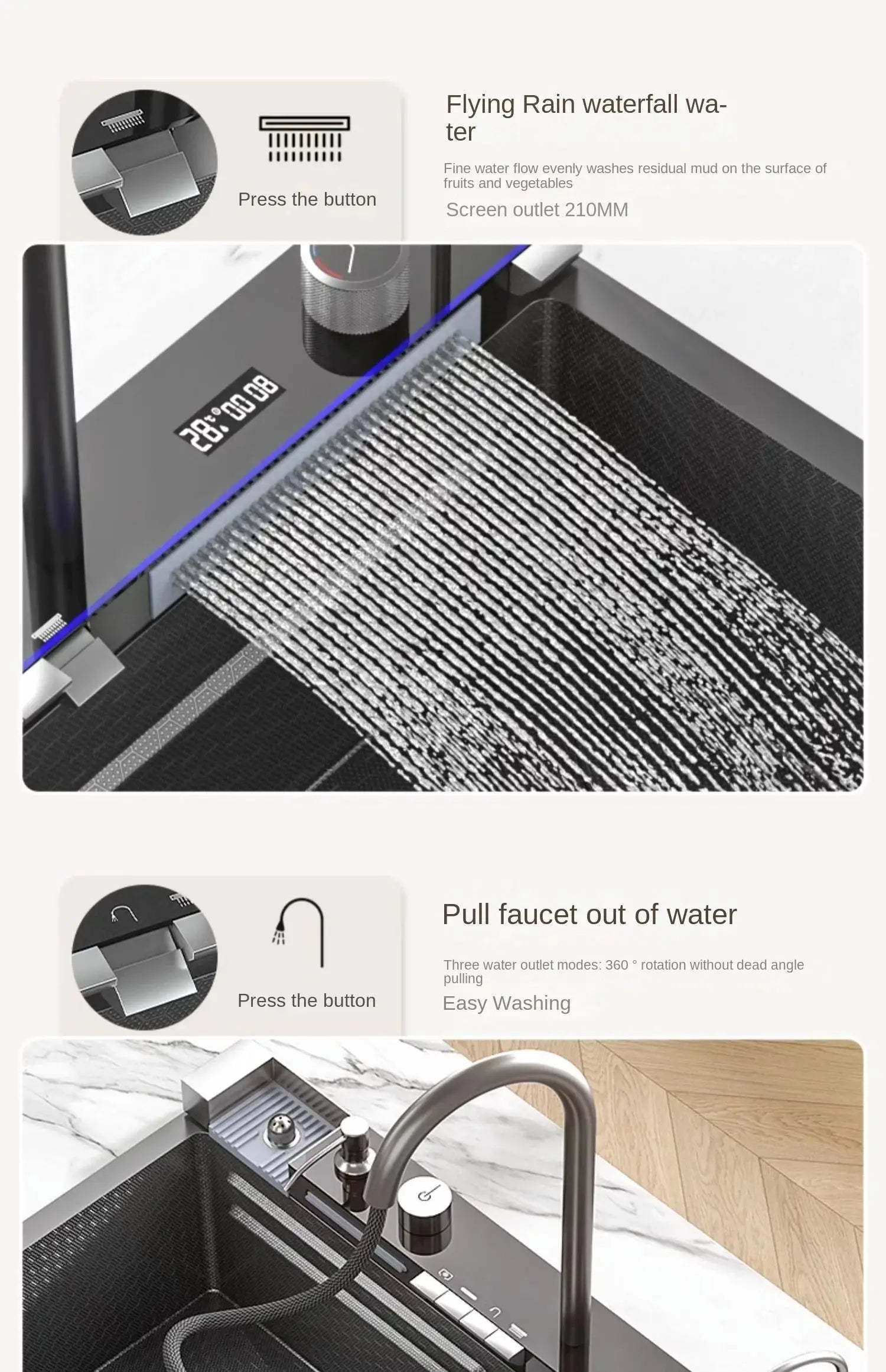 Integrated waterfall kitchen sink by Simples Market with honeycomb technology, stainless steel, large digital display