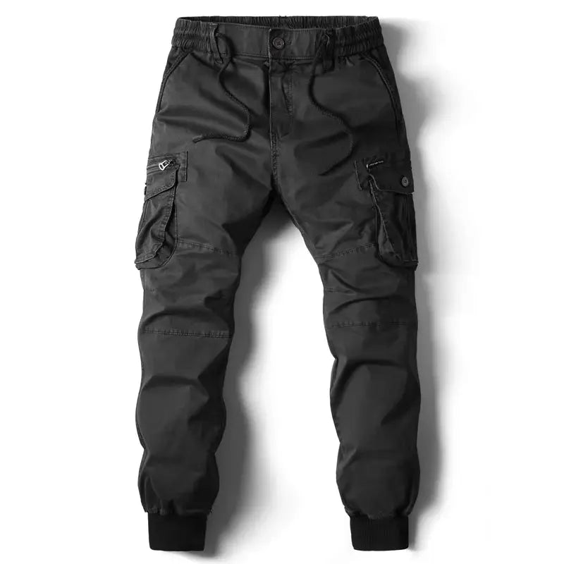 Men's black cotton cargo jogger pants with multiple pockets and elastic cuffs