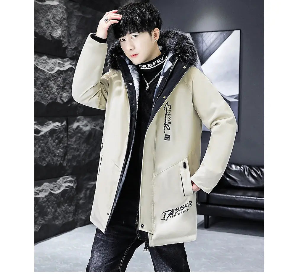 Beige men's long down jacket with black fur-trim hood, front zip, warm casual parka