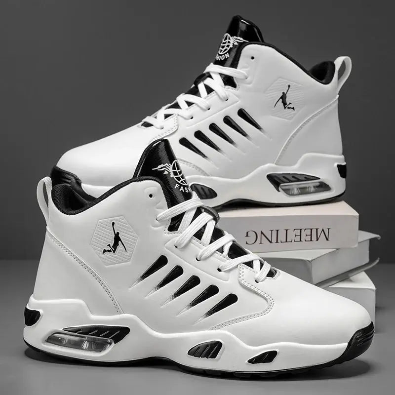 Men's high-top basketball shoes in white with black accents and visible air-cushion midsole by Simples Market