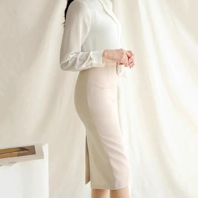 Beige high-waisted pencil skirt, knee-length slim fit for office wear
