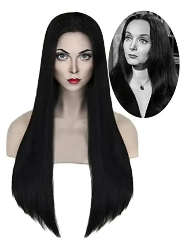 Morticia Addams cosplay wig, Simples Market; long black straight heat-resistant synthetic hair for Halloween party