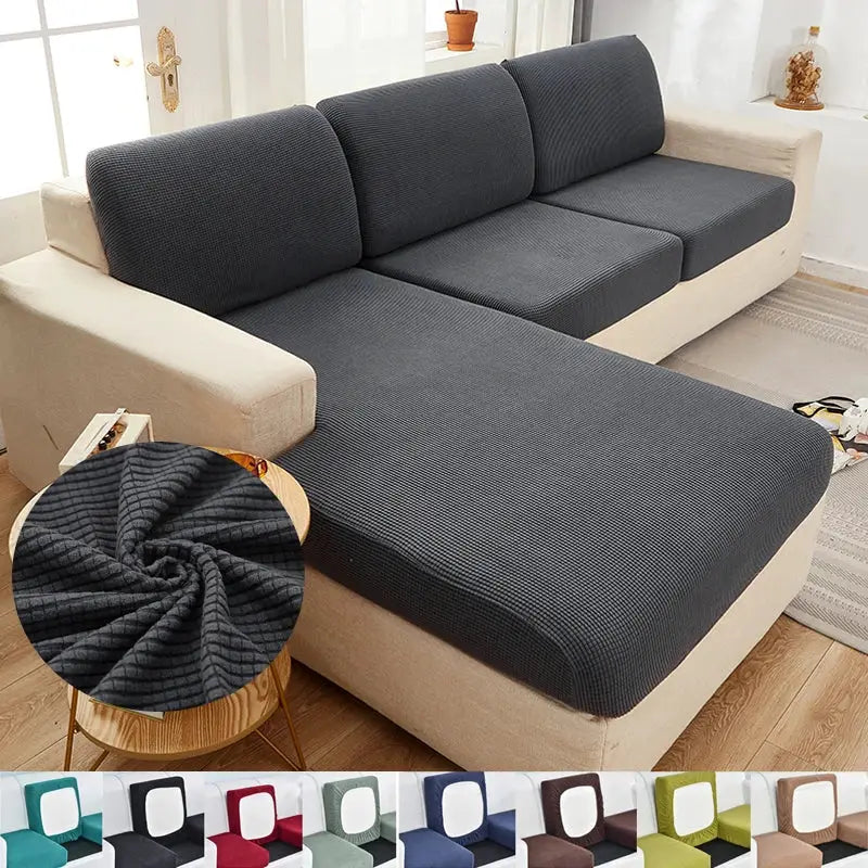Sofa seat cushion cover by Simples Market in dark gray removable, washable stretch slipcover for sectional sofa.