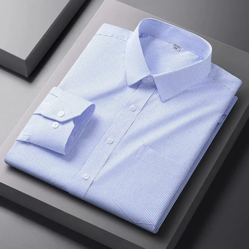 Men's blue striped long-sleeve formal shirt by Simples Market for office wear