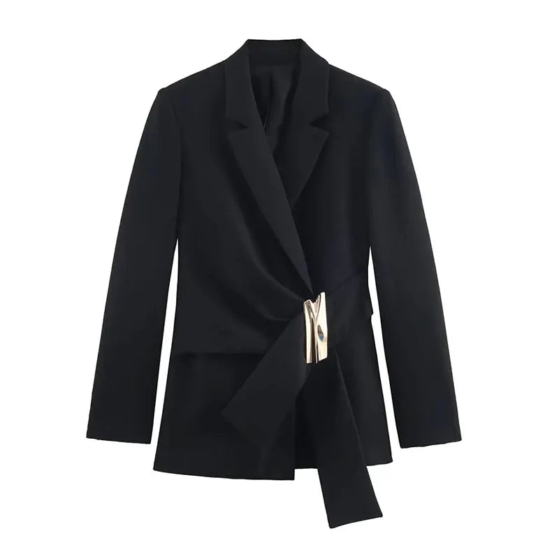 Women's black blazer with gold-tone buckle belt, part of a two-piece suit set