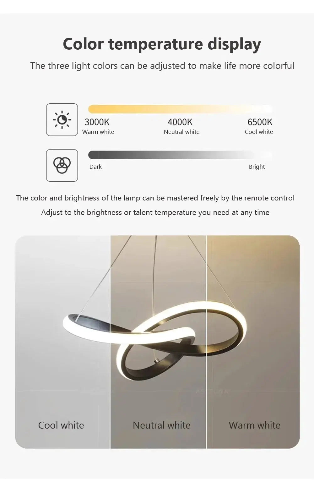 Nordic LED ceiling pendant lamp by Simples Market, looped ring design with adjustable warm to cool white (3000K–6500K).