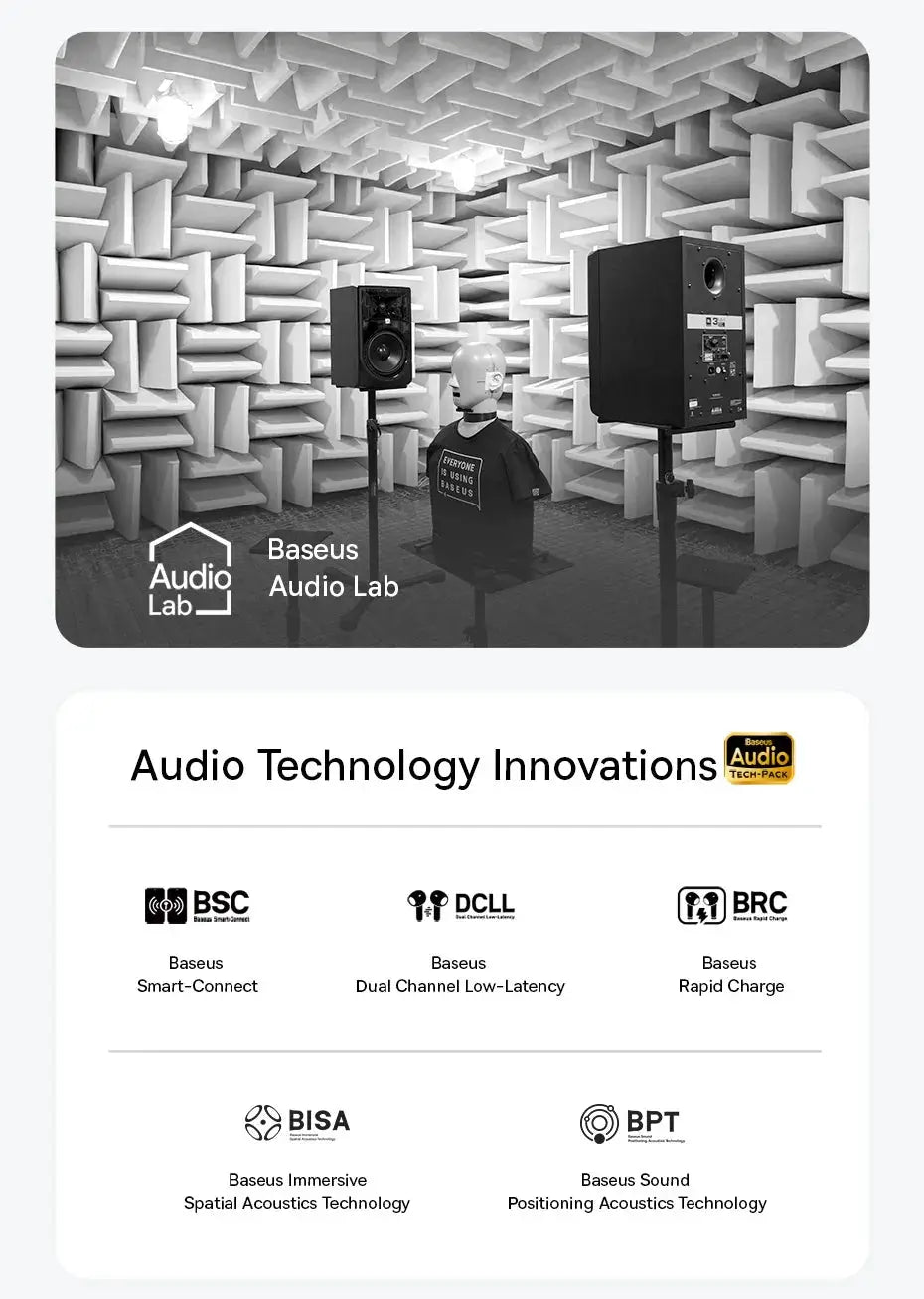 Baseus Eli Sport 2 open-ear wireless earphones in Baseus Audio Lab studio with acoustic foam walls and two speakers