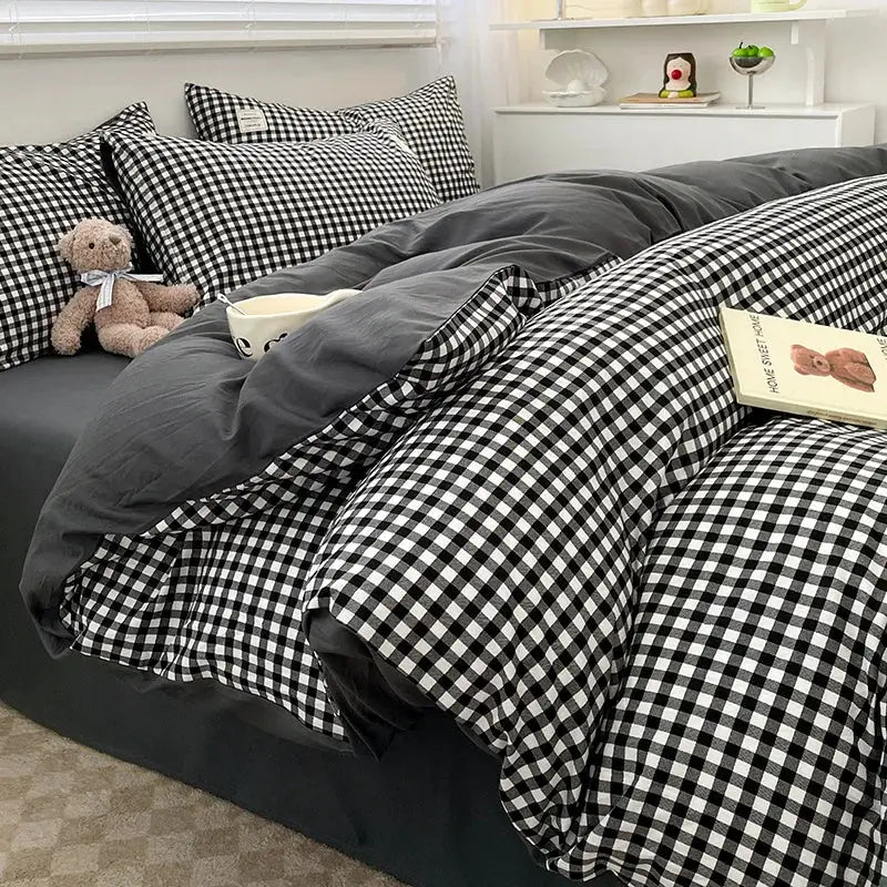 Simples Market Nordic plaid cotton bedding set with duvet cover and pillowcases in black-and-white check