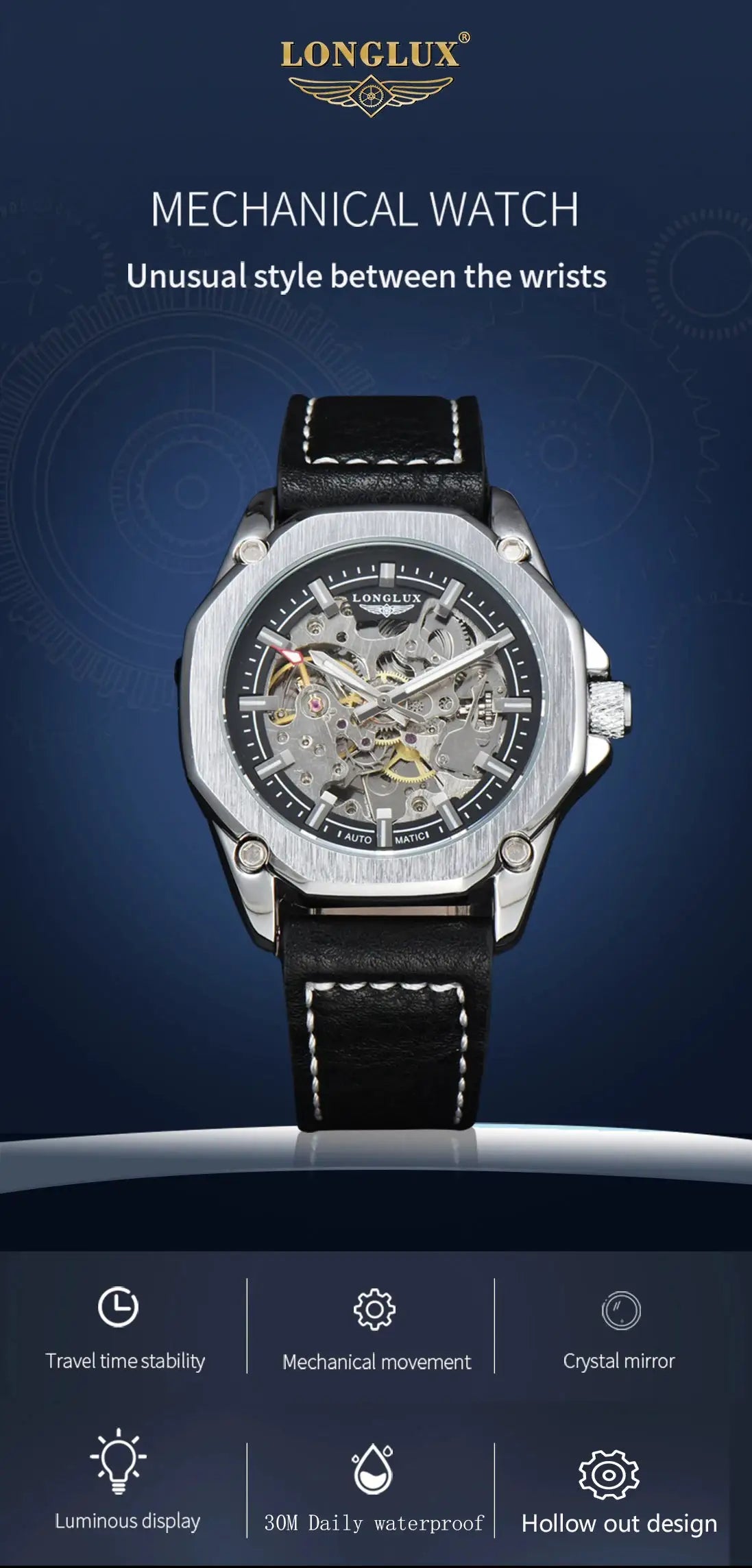 Longlux men's automatic skeleton watch with black leather strap, stainless steel case, visible gears, 30m waterproof.