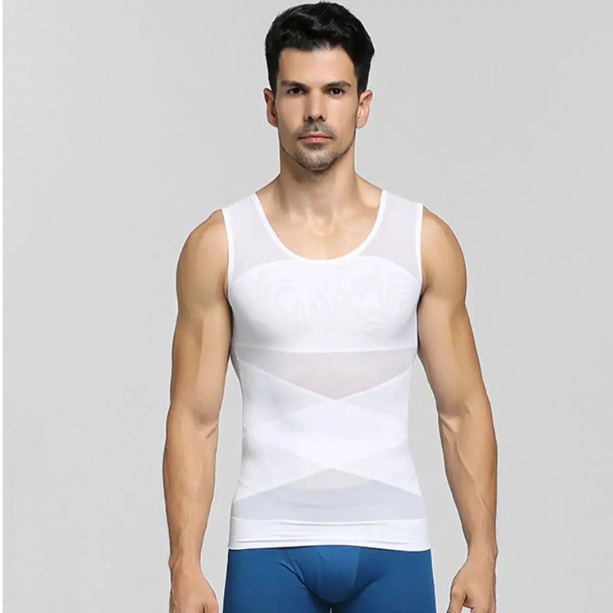 Men's compression tank top with chest and abdomen shaping in white mesh panels