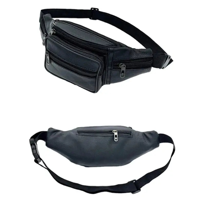 Men's PU leather waist pack belt bag in black with multiple zip pockets and adjustable strap.