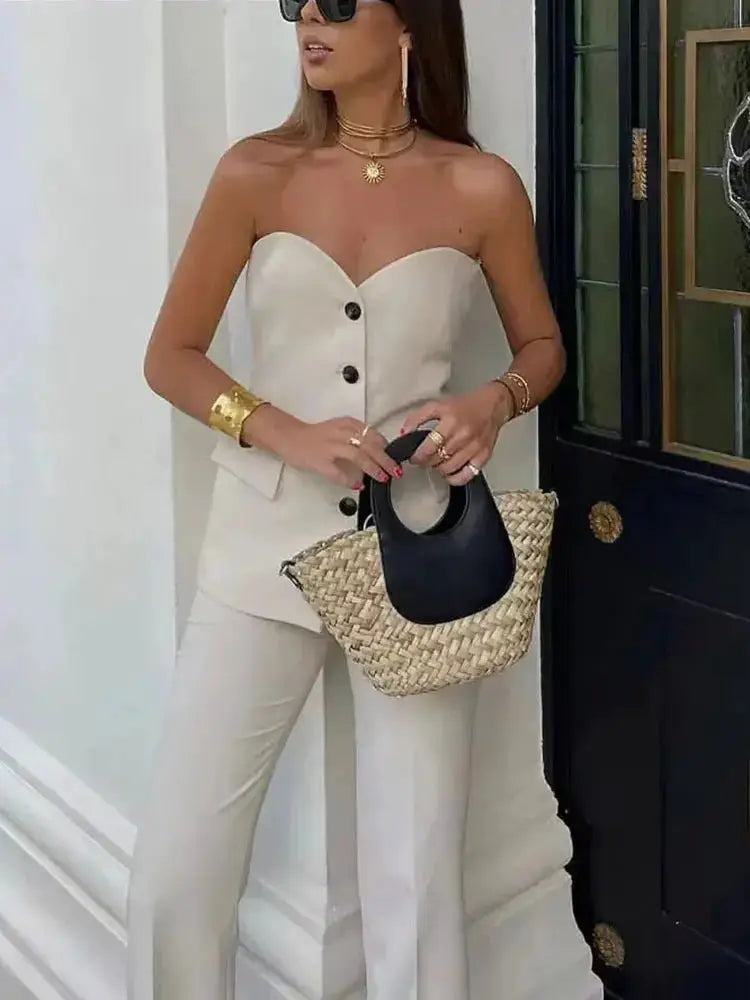 Women Elegant Strapless Tank Top Pant Suit With Side Slit Trousers