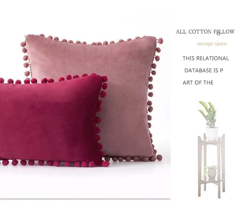 Velvet cushion covers (2) with pom-pom fringe in magenta and dusty rose by Simples Market