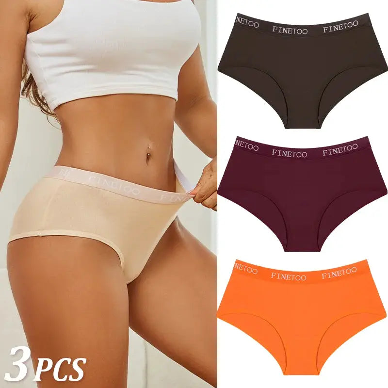 3-pack women's cotton briefs set with FINETOO waistband; beige, black, burgundy, and orange briefs