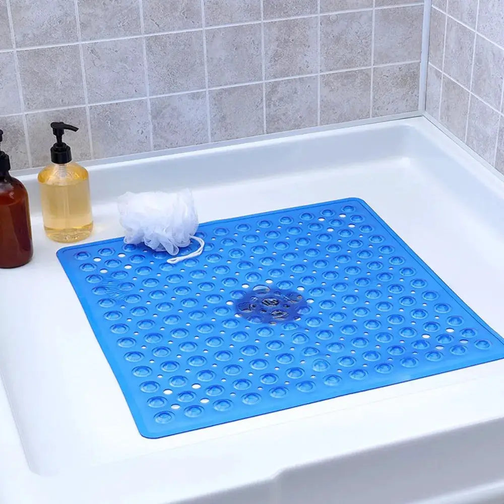 Blue PVC square shower mat with suction cups, 53x53 cm, anti-slip bathroom floor pad