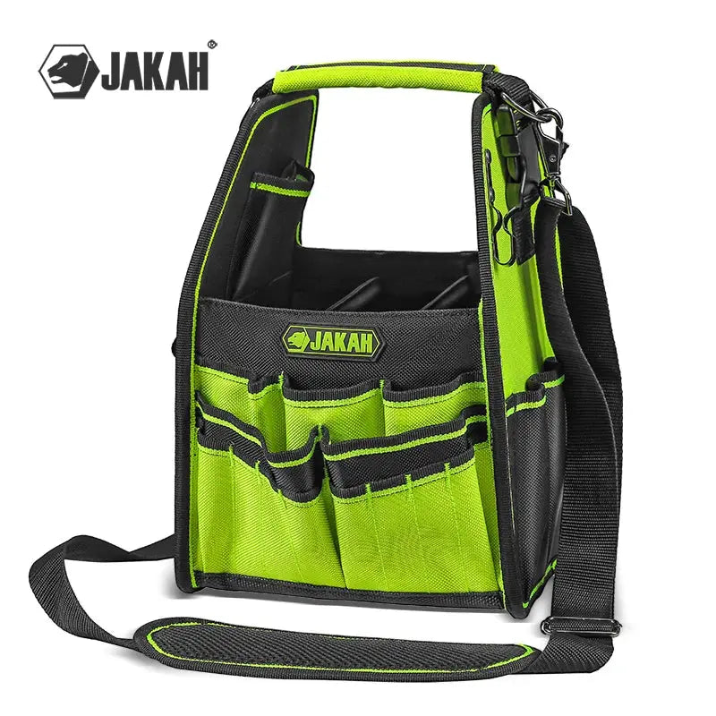 JAKAH tool tote with 35 pockets and loops, lime green and black, water-resistant with handle and shoulder strap