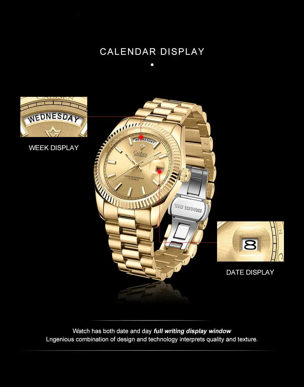 CADISEN DD40 gold-tone men's luxury automatic watch with day/date calendar display