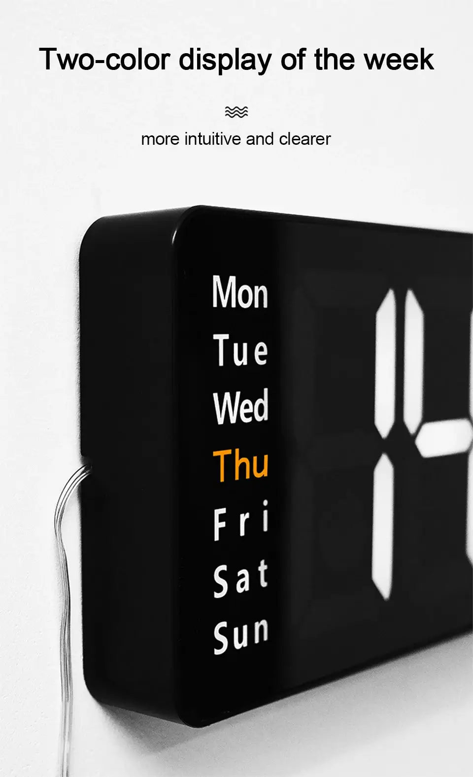 Large black digital wall clock with vertical day display on the left, Thu highlighted in orange