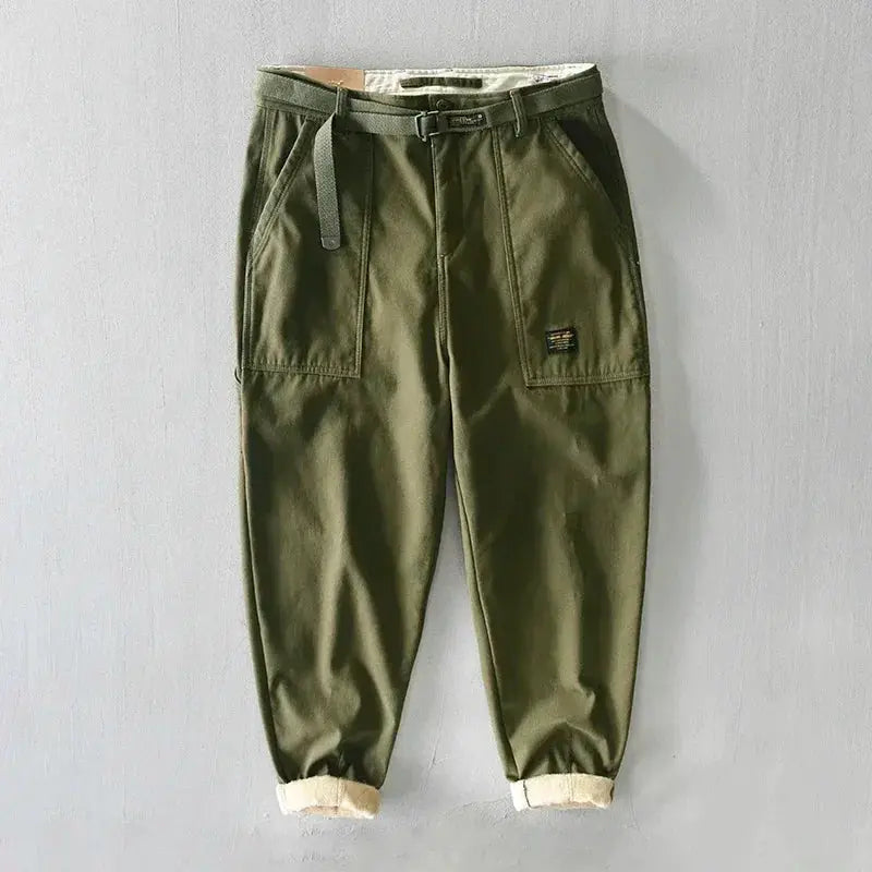 HIQOR winter cargo pants for men in olive green, 100% cotton with belt and rolled cuffs